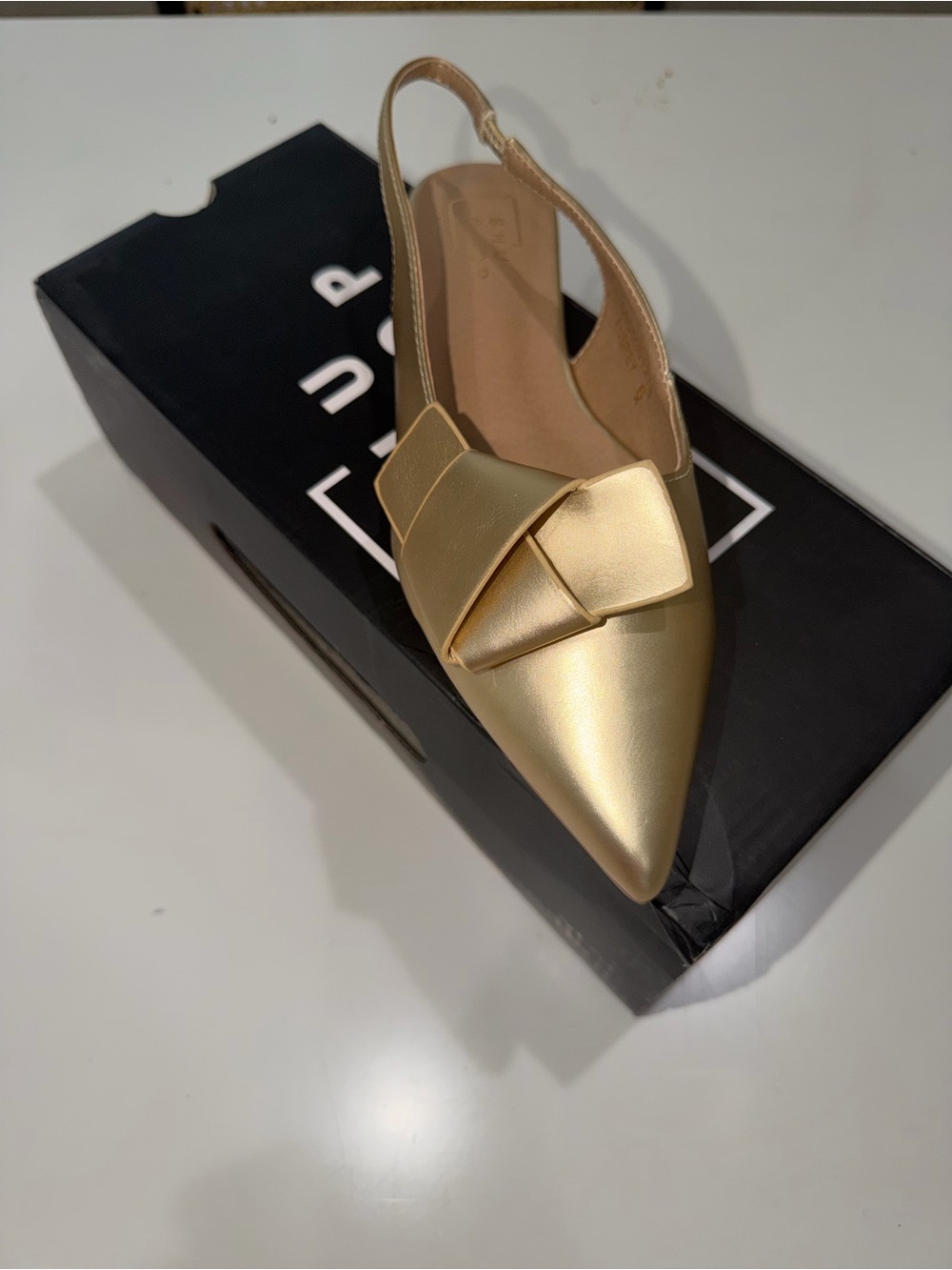 ShuShop Metallic Gold Pointed Slingback Flat with Bow